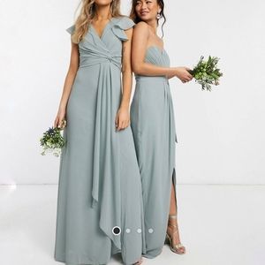 TFNC Bridesmaid Flutter Sleeve Ruffle Detail Maxi Dress in Sage